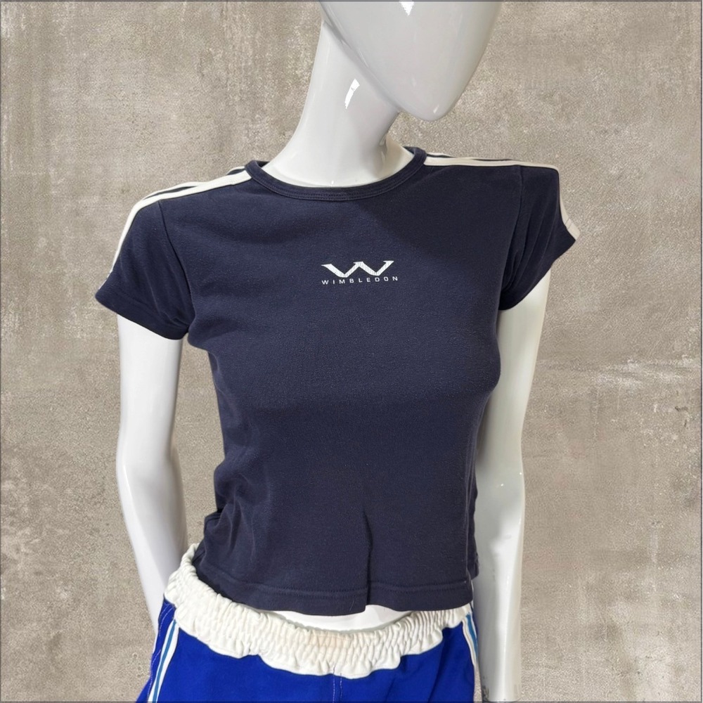 Y2K Sporty Wimbledon Navy Baby Tee Stripe Shoulder Fitted Cotton Top - Picture 3 of 7